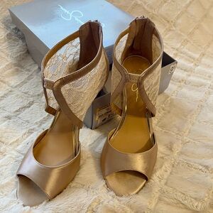 Jessica Simpson Lace Back Open-Toe Heels in Champagne
